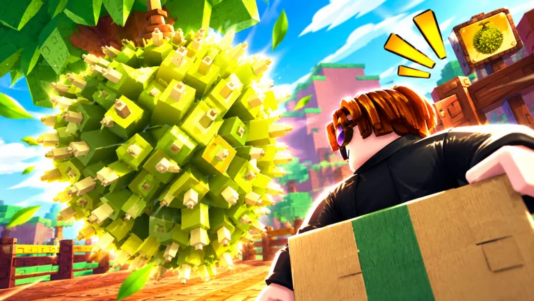 Durian Garden promotional art showing a giant durian and a Roblox character